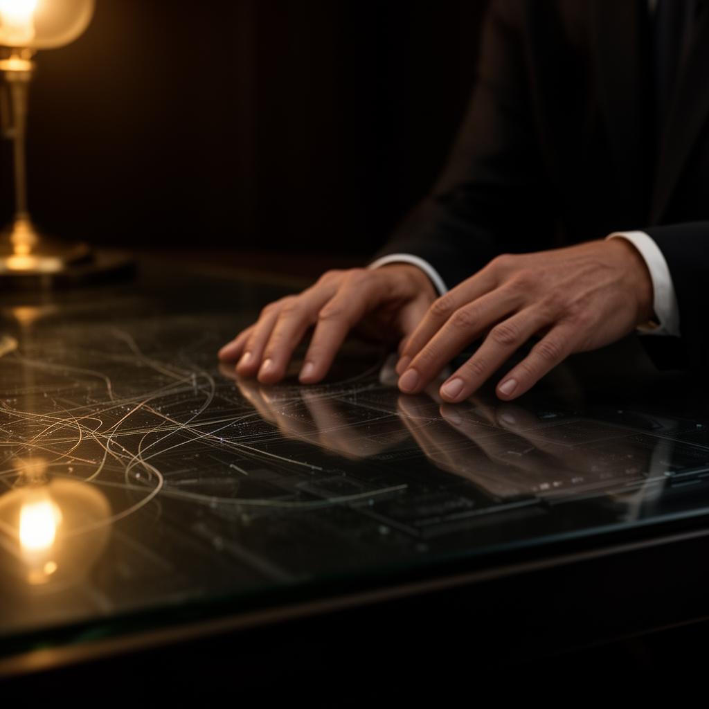 A senior operator's hands at a dark glass desk with faintly etched workflow lines — the white-glove craft behind every Tazk Club engagement.