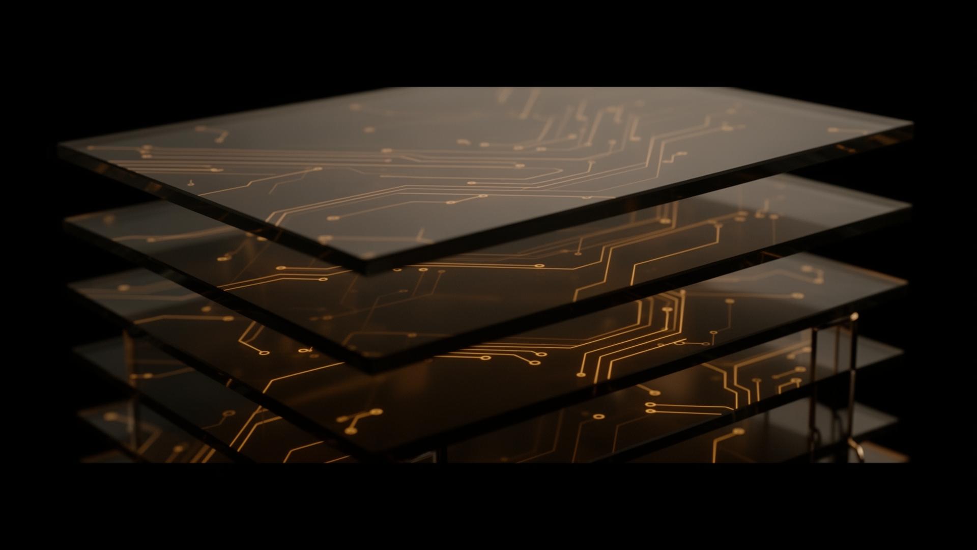 Layered translucent glass panels etched with circuit patterns, representing modular operational pods stacked into a single intelligent system.